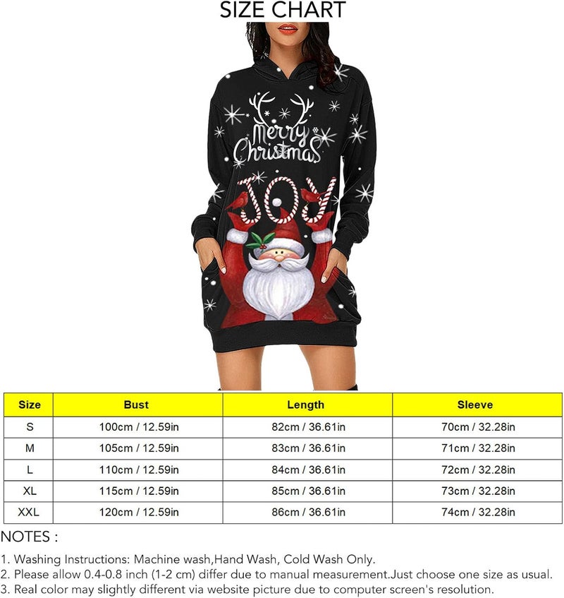 woobles Hoodie Dress, Womens Hoodie Dress Christmas Pattern Print Polyester Casual for Shopping - Image 3